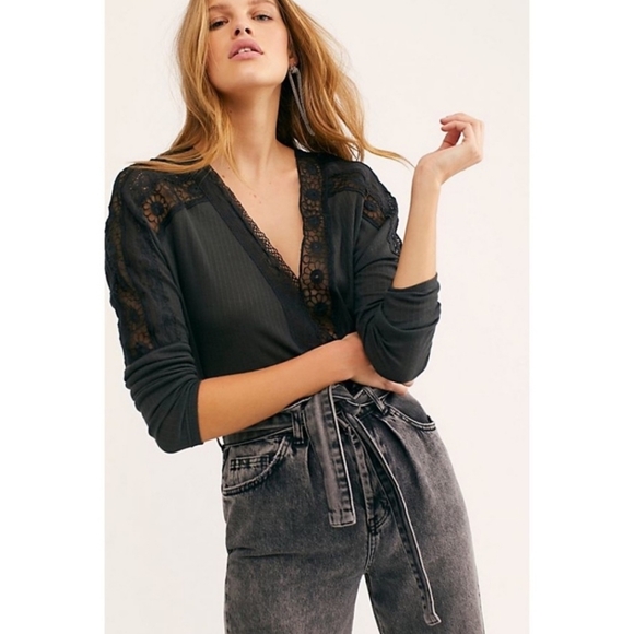 Free People Tops - Free People Lola Lace Long Sleeve Tee in Washed Black